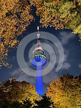 Beautiful illuminated  N-SEOUL TOWER at namsan mountain in Seoul during autumn,