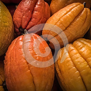 An up-close look at a group of ripe vivid Papaw with intricate, textured details. photo