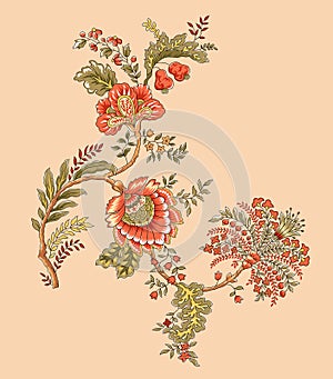 A beautiful illustration for apparel design with fantasy flowers, natural wallpaper, floral decoration curl illustration