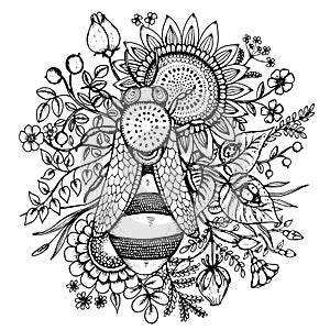 Beautiful illustration with bee, flowers and berries