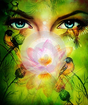 Beautiful illustration, blue goodness women eyes green background