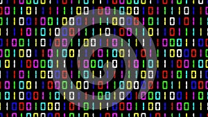 Beautiful illustration of colorful binary digits pattern on plain black background