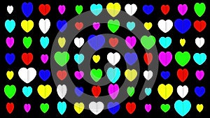 Beautiful illustration of colorful hearts pattern on plain black background