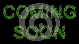 Beautiful illustration of Coming soon text with green grass effect on plain black background