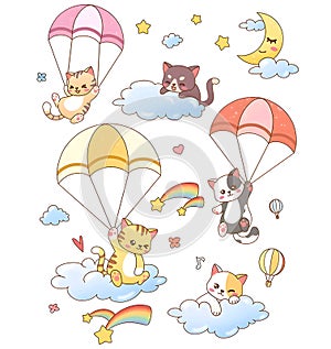 Beautiful illustration of different kittens with parachutes