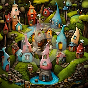 Beautiful illustration of a fantasy stories fairyland village landscape