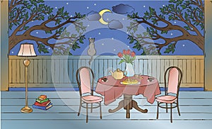 Beautiful illustration of interior of veranda. Tea party on the balcony