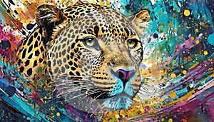 Beautiful illustration of leopard head portrait. Wild animal. Colorful abstract painting