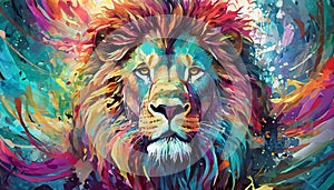Beautiful illustration of lion head portrait. Wild animal. Colorful abstract painting