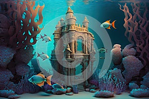 Beautiful illustration of a mermaid castle in deep blue ocean.