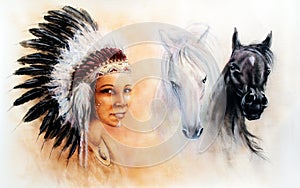 Beautiful illustration painting of a young indian woman and horses
