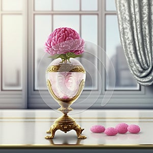 Beautiful illustration of pink peony in golden vase, victorian, barocco style photo