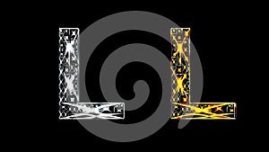 Beautiful illustration of silver and golden English alphabet L on plain black background