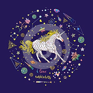 Beautiful illustration of skittish unicorn inside blue square with constellations, stars, crystals isolated on blue photo