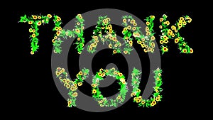 Beautiful illustration of Thank you text with yellow flowers and green grass on plain black background