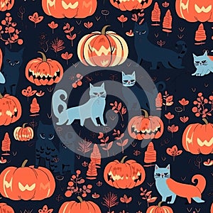 Beautiful illustration to use as a background with a Halloween pattern featuring black cats and orange pumpkins on a black