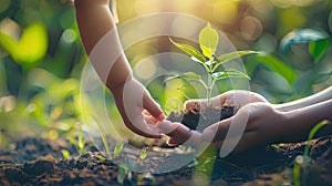 Growing Together: Hand of Children Holding Young Plant with Sunlight on Green Nature Background - Eco Earth Day Concept