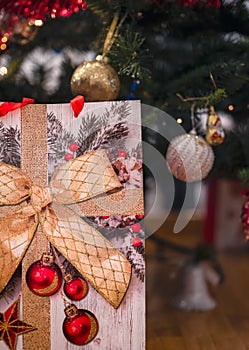Beautiful image with Christmas gift bag and Christmas tree