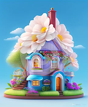 A beautiful image of a fairytale house with flowers on its roof in cartoon style Generative AI