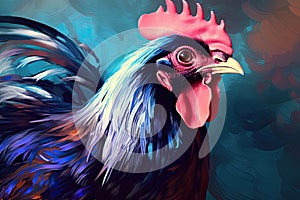 A beautiful image of a handsome rooster in shades of light violet and dark azure resembling a painting. Generative AI