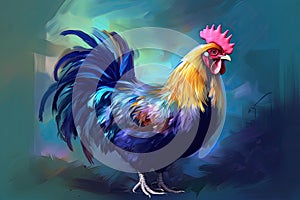 A beautiful image of a handsome rooster in shades of light violet and dark azure resembling a painting. Generative AI