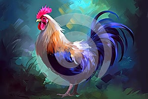 A beautiful image of a handsome rooster in shades of light violet and dark azure resembling a painting. Generative AI