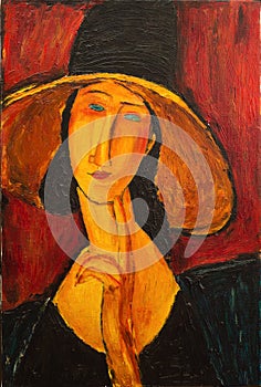 Beautiful Image Oil On Canvas. Portrait of a woman in a hat. Free copy based on the famous painting by Amedeo Modigliani