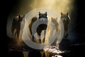 Beautiful image of a Pack of wolves in the forest. Amazing wildlife. Generative Ai