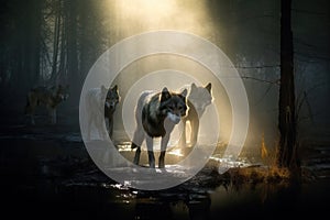 Beautiful image of a Pack of wolves going hunting at dawn. Amazing wildlife. Generative Ai