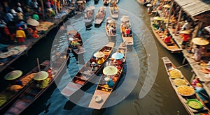 Beautiful image of popular Thailand landmark destination floating market on the calm river water. Sellers offering fruits and