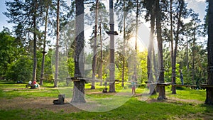 Beautiful image of ropes and bridges hanging between pine trees in park. Adventure city for children and adults at