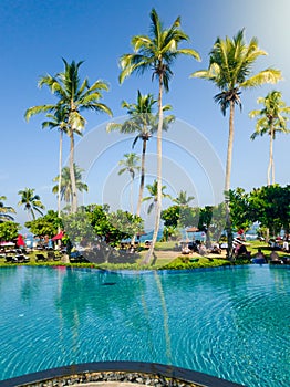 Beautiful image of swimming pool and palm trees on the tropical island resort at bright sunny day