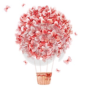 Beautiful image with hand drawn watercolor floral air baloon. Stock illustration.