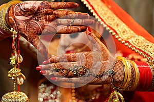 Beautiful Indian bride hands henna design hand jewelry and kalira