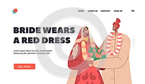 Beautiful Indian Couple Wear Traditional Costumes Wedding Ceremony Landing Page Template. Groom and Bride Newlywed