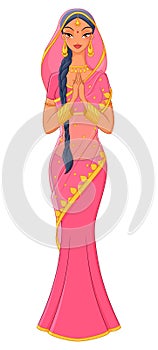 Beautiful Indian girl in traditional sari. Vector illustration.