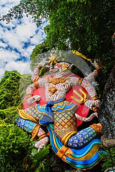 Beautiful Indian Lord Hanuman sculptures at the entrance of Phu