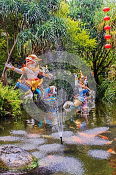 Beautiful Indian Lord Hanuman sculptures at the entrance of Phu