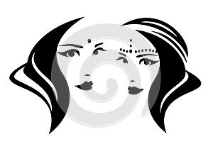 Indian woman face with bindi and hair lock - black and white vector portrait