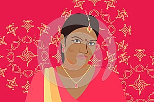 Beautiful Indian woman on bright pink background with rangoli. Abstract female image. India girl in pink sari, gold jewelry, bindi