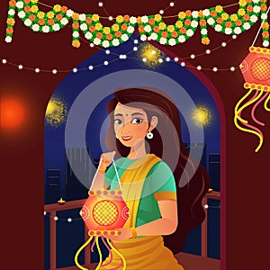 Beautiful Indian Woman Character Holding Lantern in Terrace and Decorate with Flower and Lighting Garland on Diwali Festival