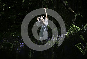 Beautiful Indian woman reaching up, drenched in sunlight in against the darkness of the woods