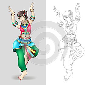 Beautiful indian women dancing coloring isolated