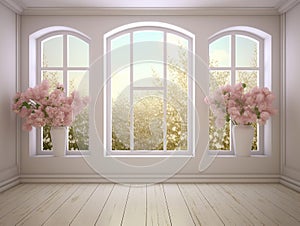 beautiful indoor room with big windows and flower vases, ideal for photoshop manipulation , empty room background