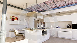 Beautiful industrial style kitchen with skylight