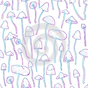 Beautiful inedible, hallucinogenic fungus seamless pattern. Hand drawn psilocybe. Colorful vector illustration on white photo