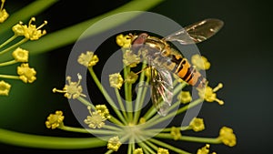 Beautiful insect on a delicate yellow flower. Anethum graveolens & Episyrphus balteatus.