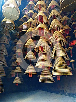 beautiful inside old Chinese temple pak shing temple in hongkong saying pun