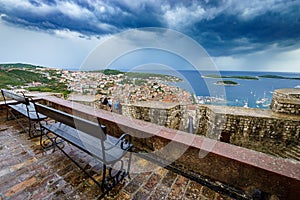 Beautiful and interesting view of old harbor in Hvar town, Croatia after rain.