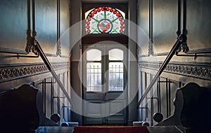 Beautiful interior of building entrance with leaded pane